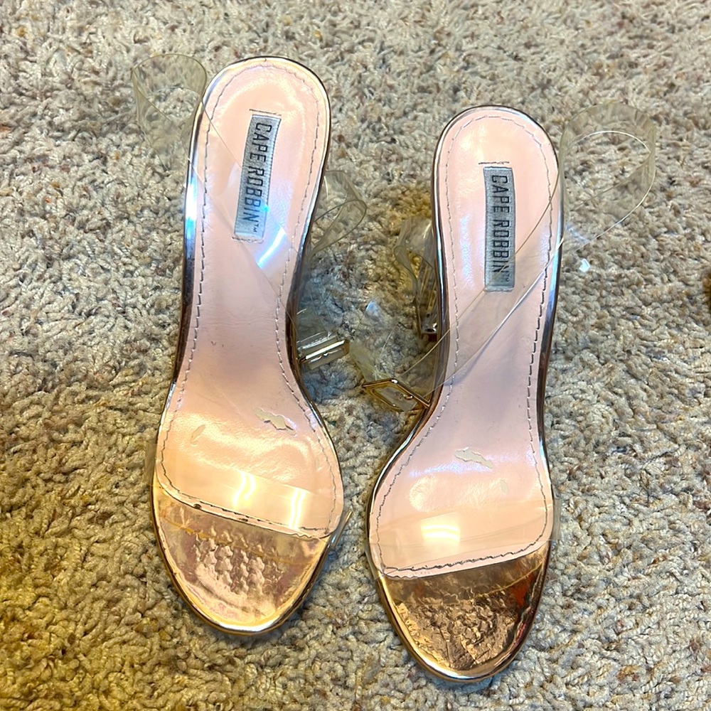 Clear heels rose gold trim size 7